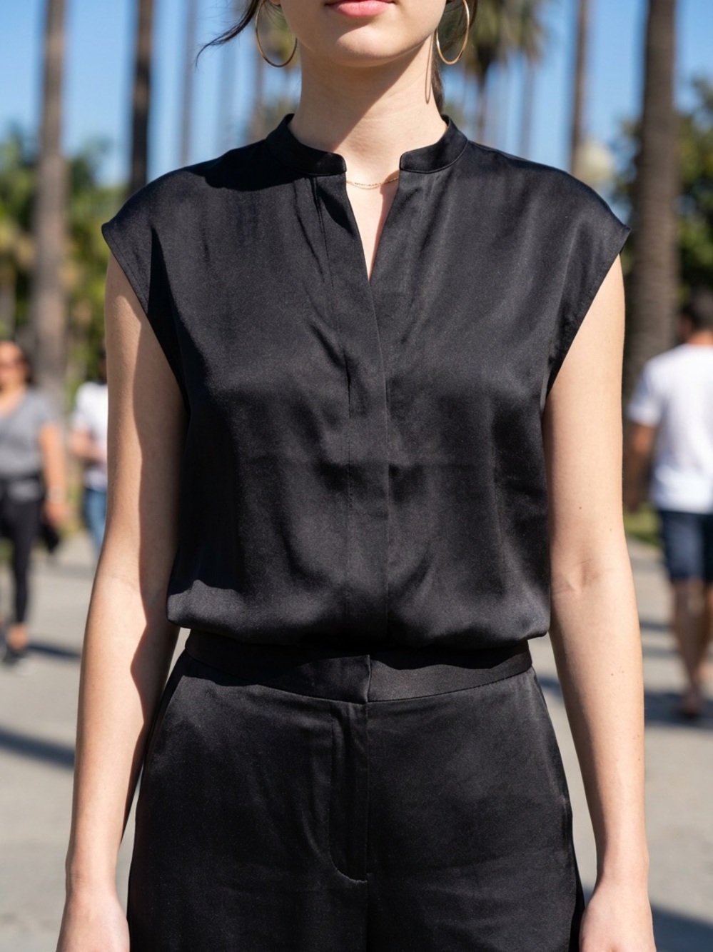 Vince Black Satin Split-Neck Top